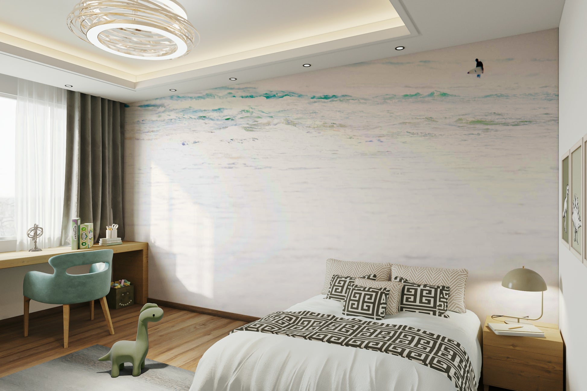 A graceful subtle ocean wall mural in cool, natural tones.

