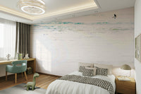 A graceful subtle ocean wall mural in cool, natural tones.

