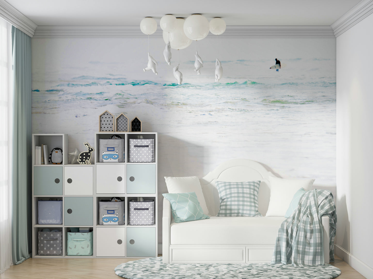 A calming water movement wallpaper mural that defines a space.

