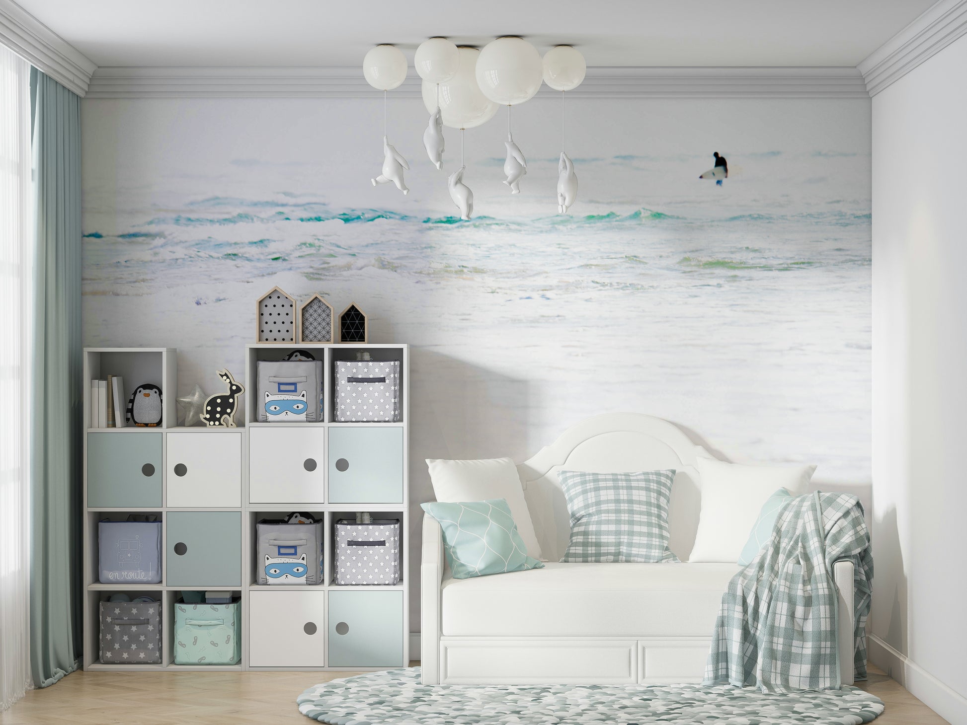 A calming water movement wallpaper mural that defines a space.

