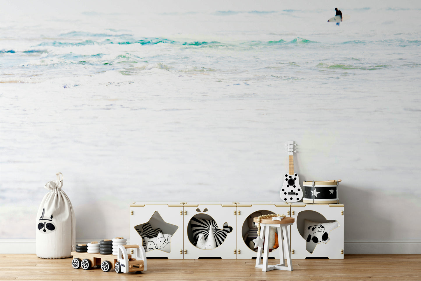 A peaceful surf scene mural on decorative wallpaper.

