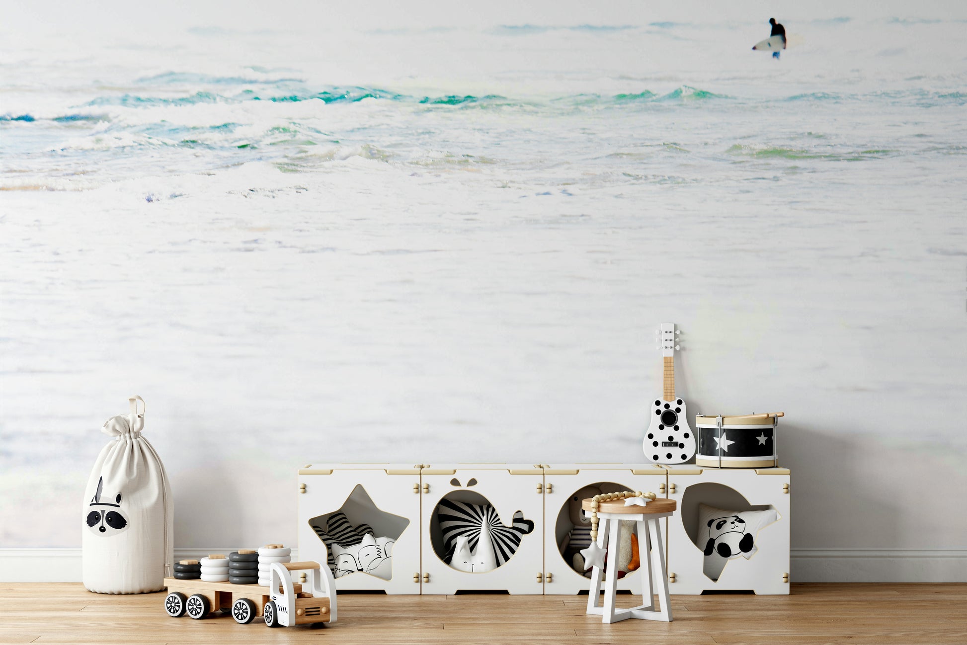 A peaceful surf scene mural on decorative wallpaper.

