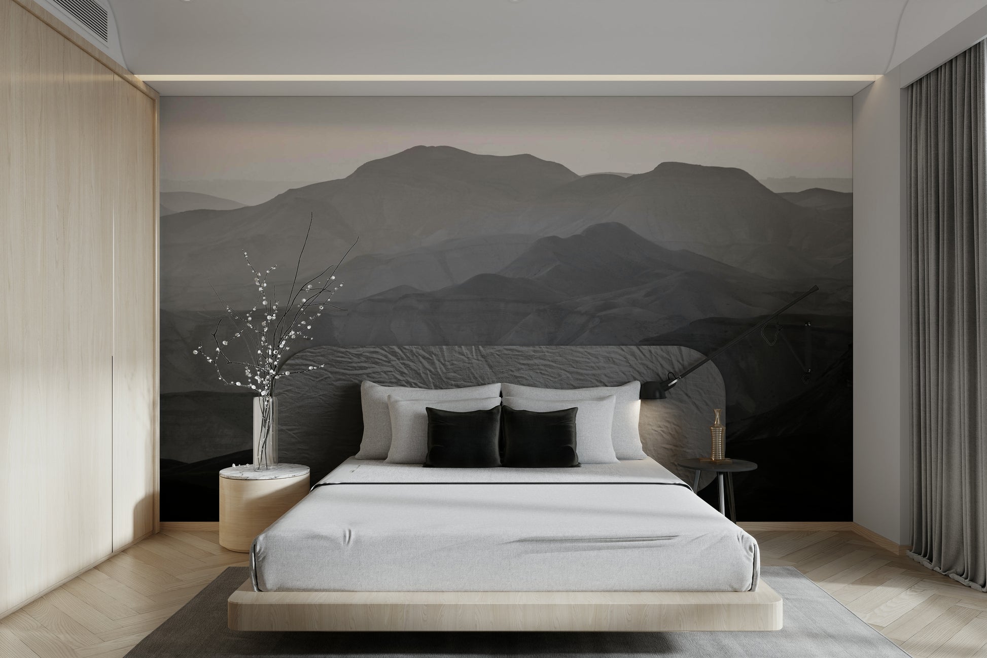 An artistic scenic landscape mural on minimalist wallpaper.


