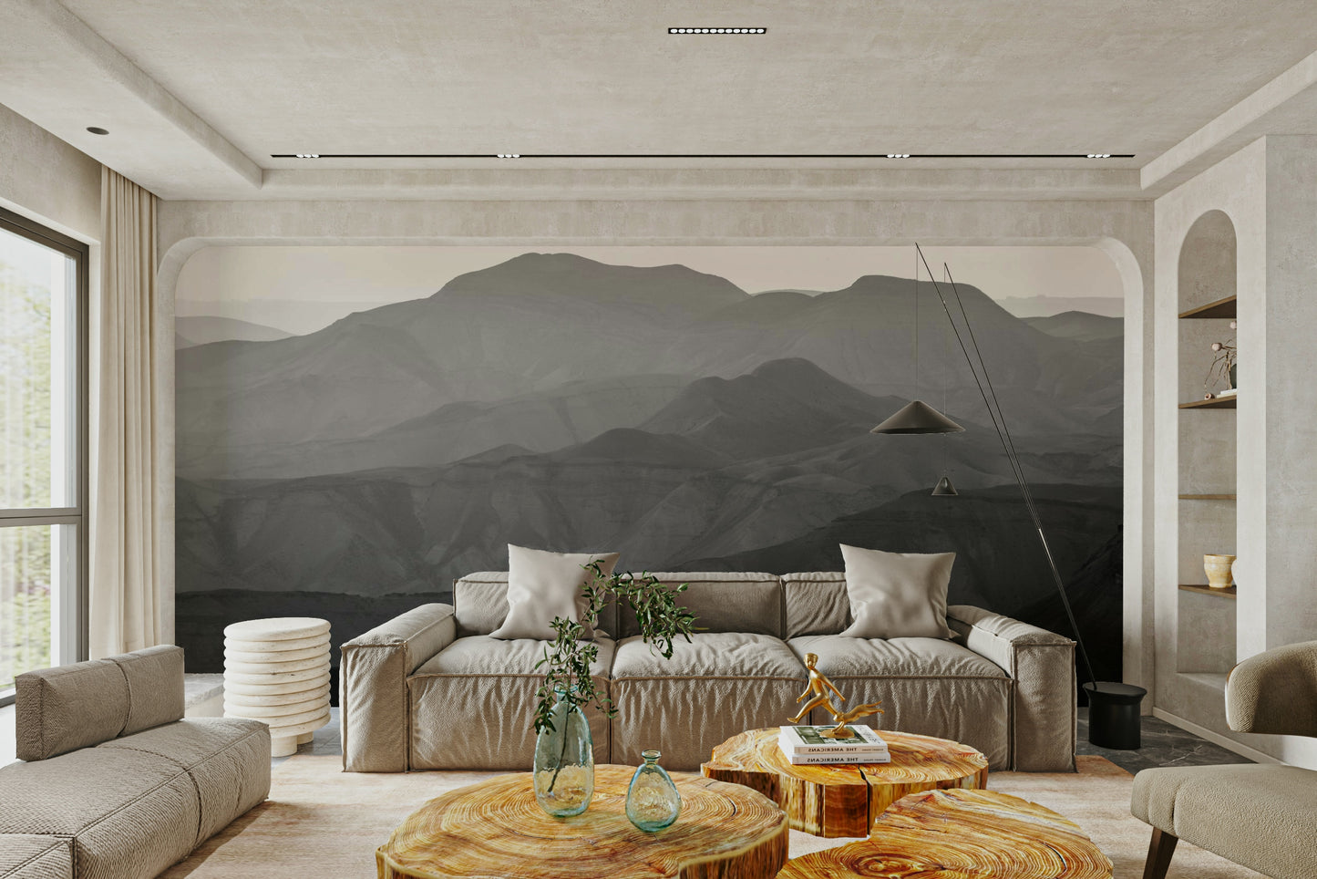 A peaceful natural scene mural on decorative wallpaper.

