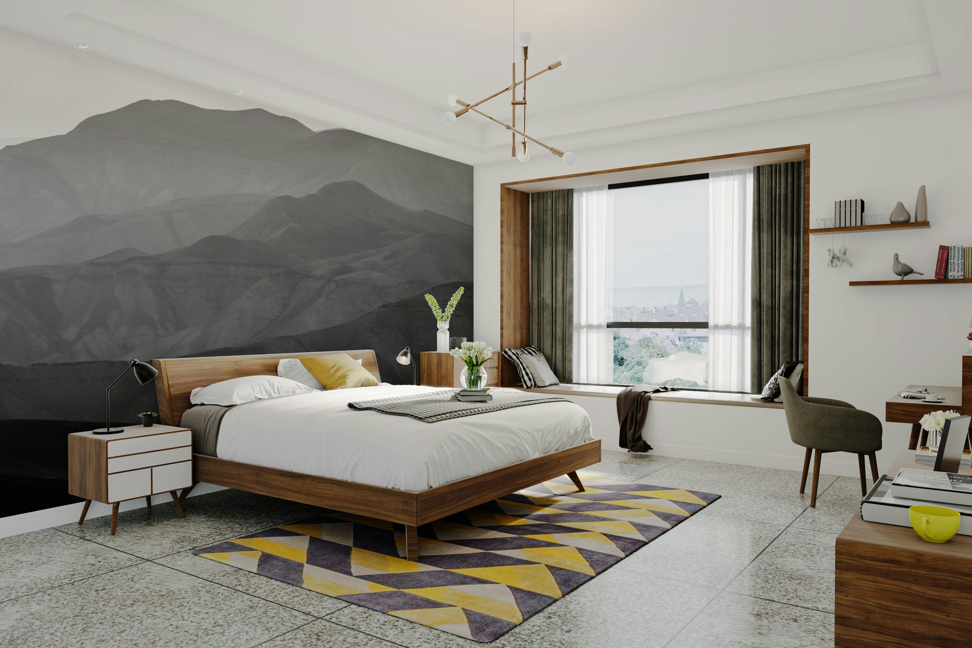 A graceful subtle mountain wall mural in warm, natural tones.

