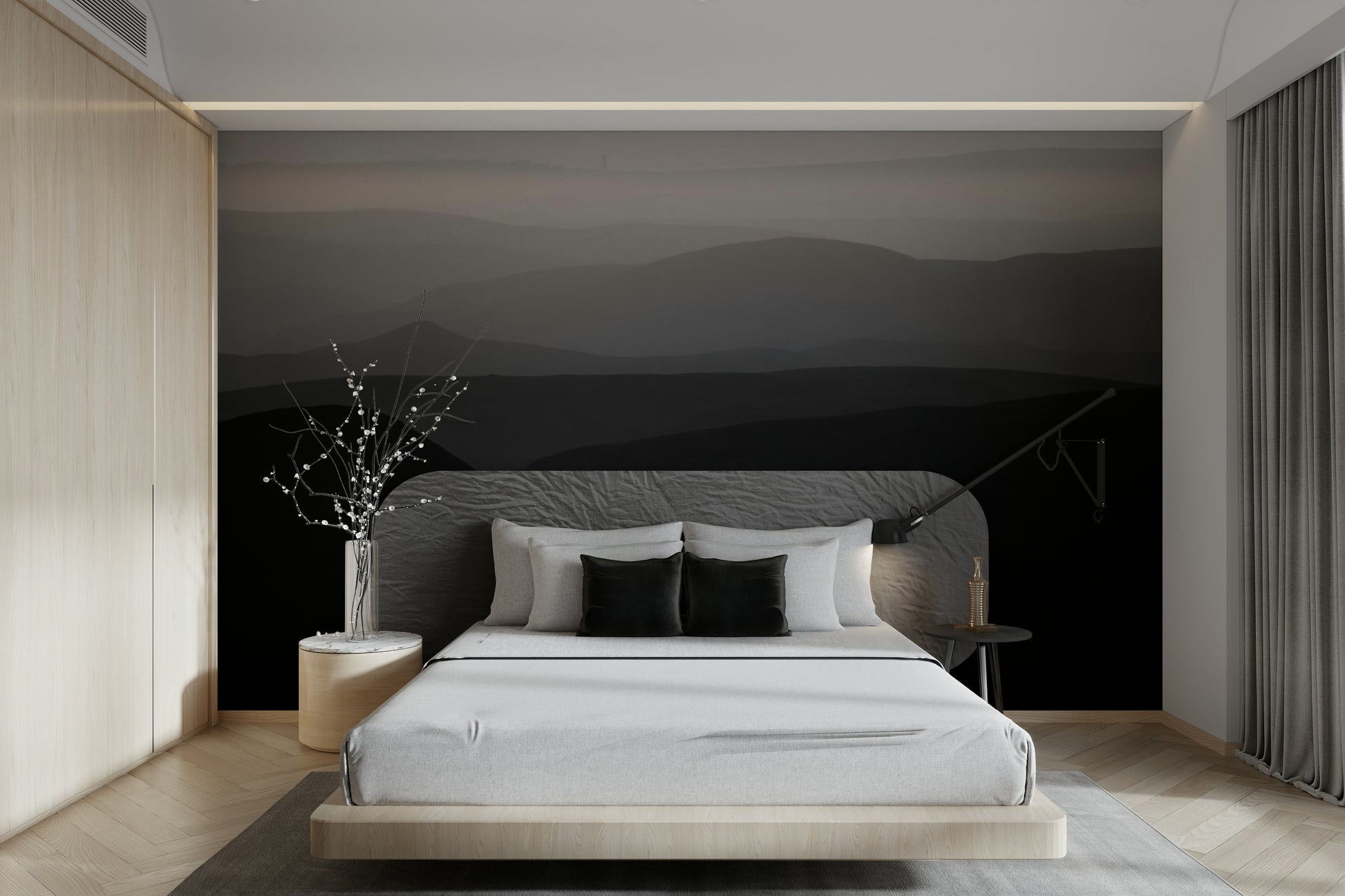 A peaceful natural scene mural on decorative wallpaper.

