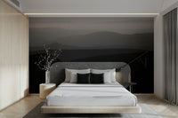 A peaceful natural scene mural on decorative wallpaper.

