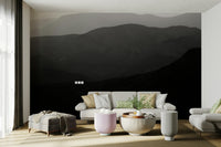 A peaceful natural scene mural on decorative wallpaper.

