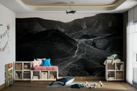 A peaceful natural scene mural on decorative wallpaper.


