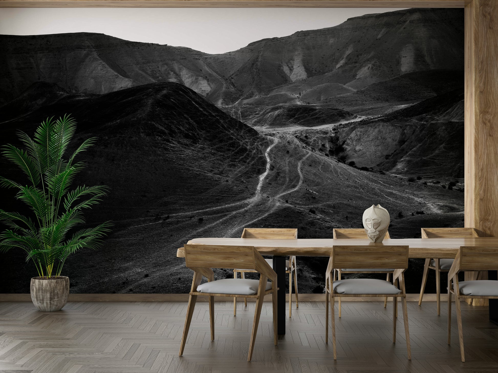 An artistic scenic landscape mural on minimalist wallpaper.

