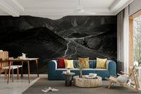 A graceful subtle mountain wall mural in warm, natural tones.

