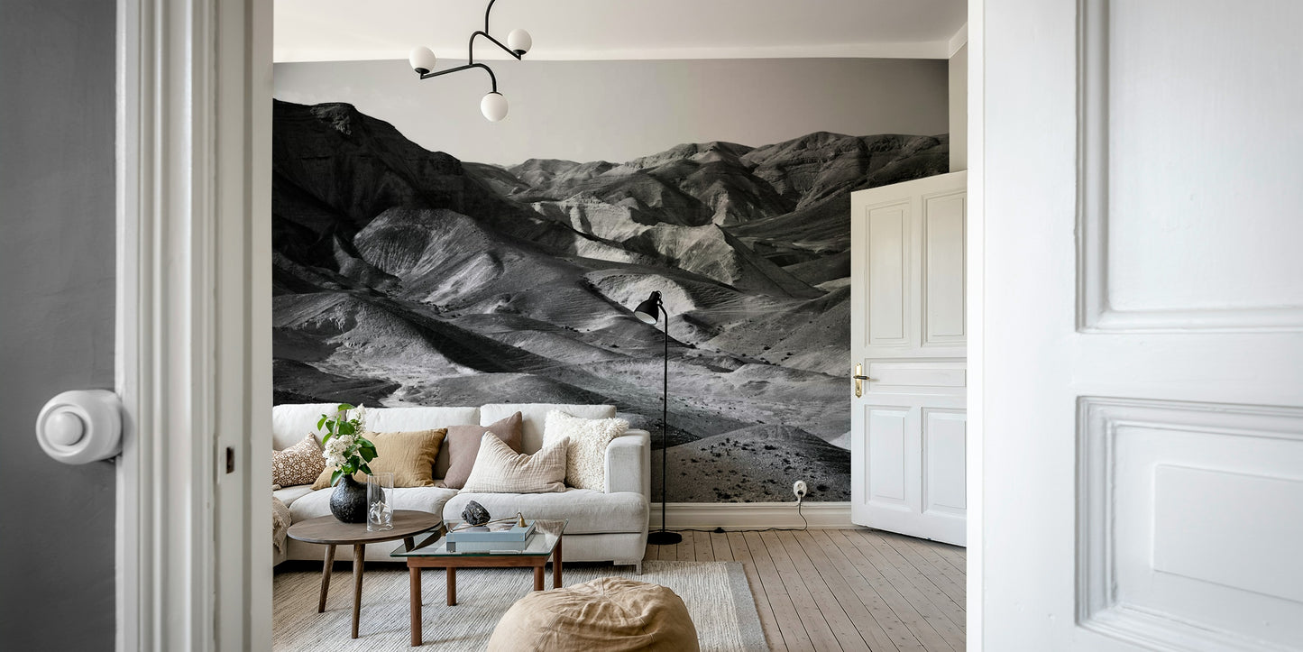 A graceful subtle mountain wall mural in warm, natural tones.

