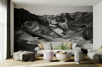 An artistic scenic landscape mural on minimalist wallpaper.


