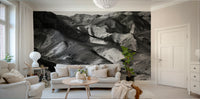 A peaceful natural scene mural on decorative wallpaper.

