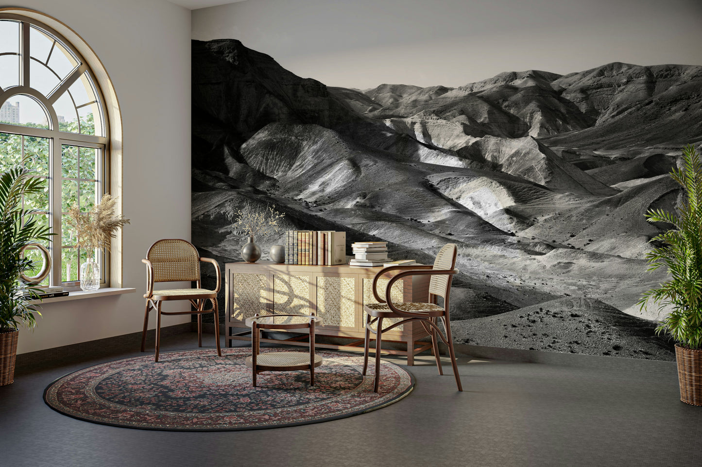 A calming desert theme wallpaper mural that defines a space.

