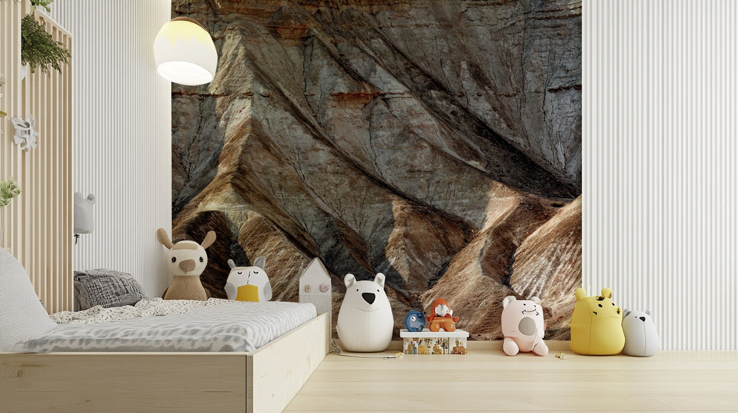 A graceful subtle mountain wall mural in warm, natural tones.



