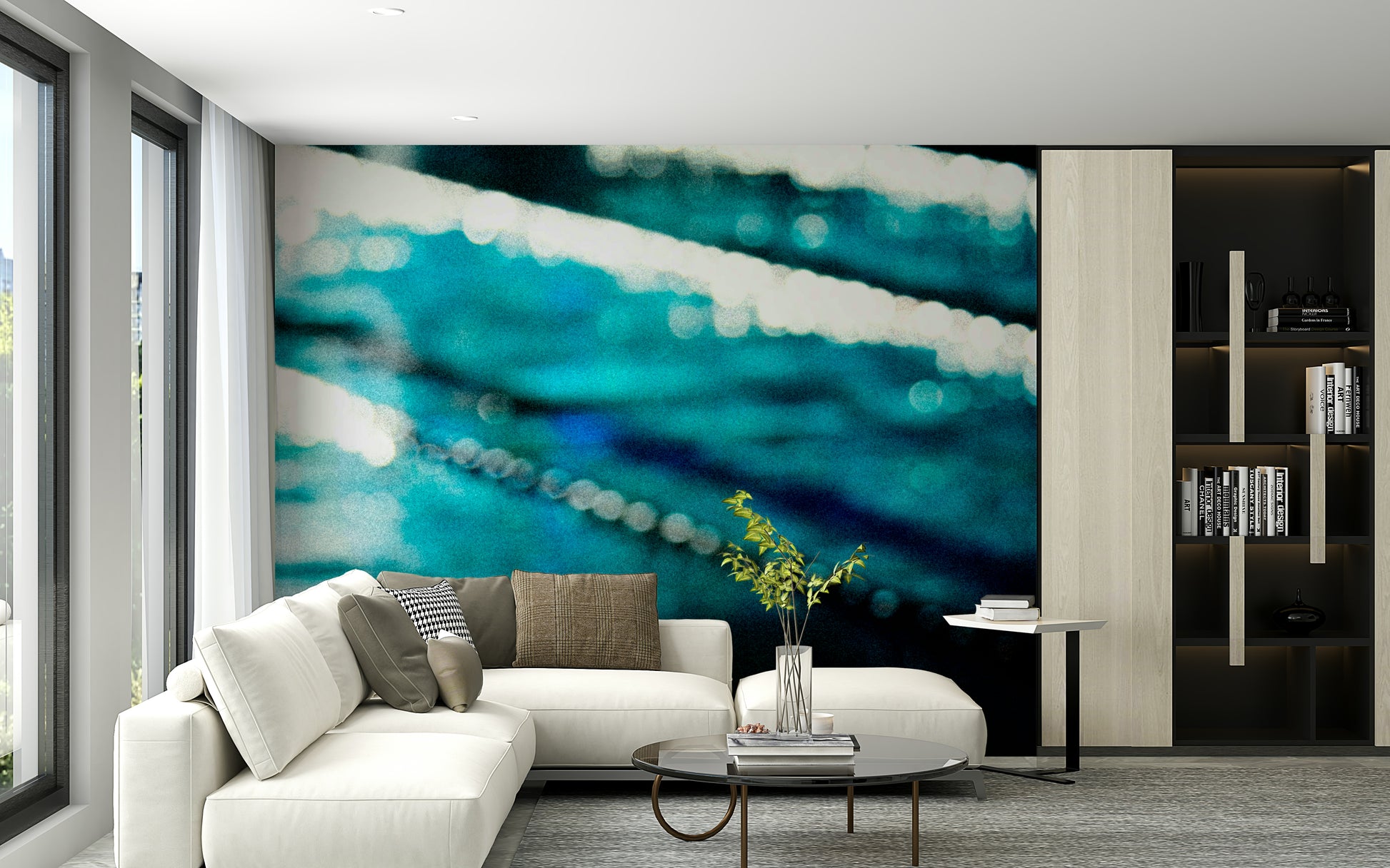 An artistic underwater pool mural on minimalist wallpaper.

