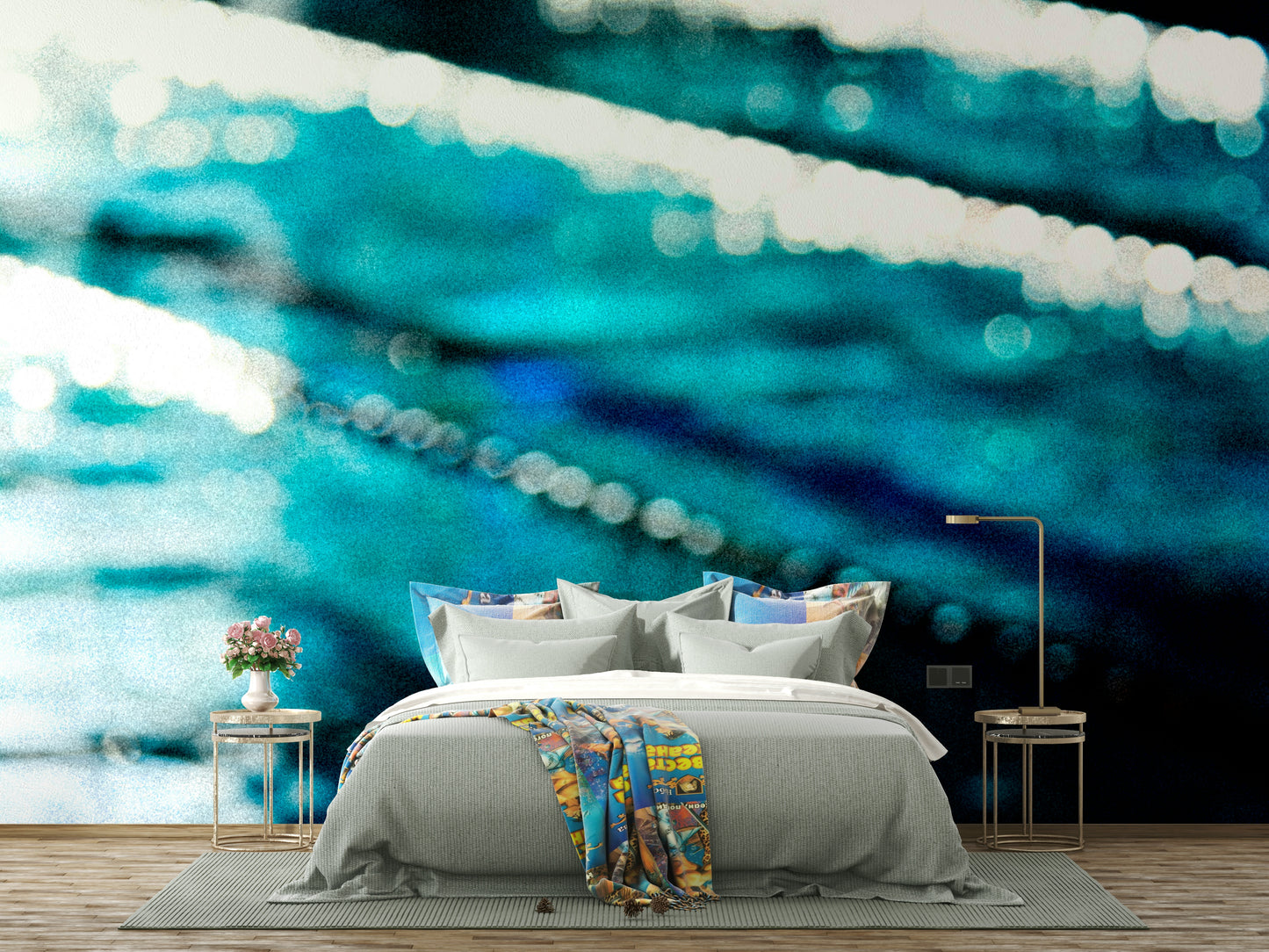 A graceful subtle water wall mural in cool, blue tones.

