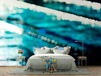 A graceful subtle water wall mural in cool, blue tones.

