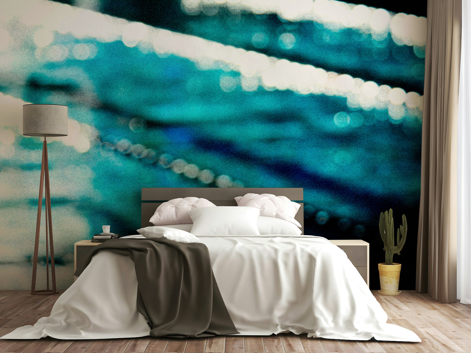 A beautiful wide-angle wall mural of a swimming pool.


