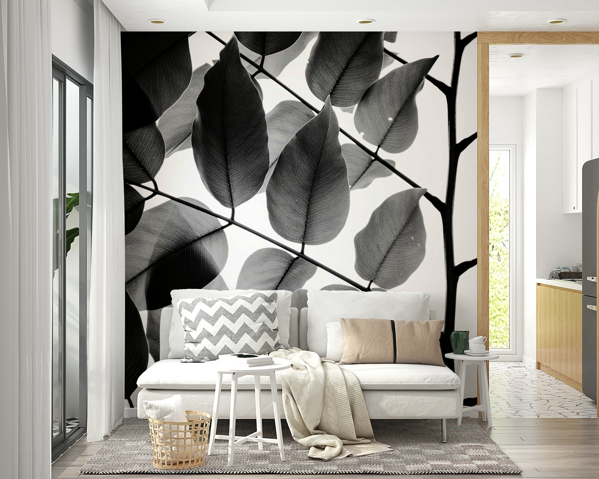 An artistic leaf pattern mural on minimalist wallpaper.

