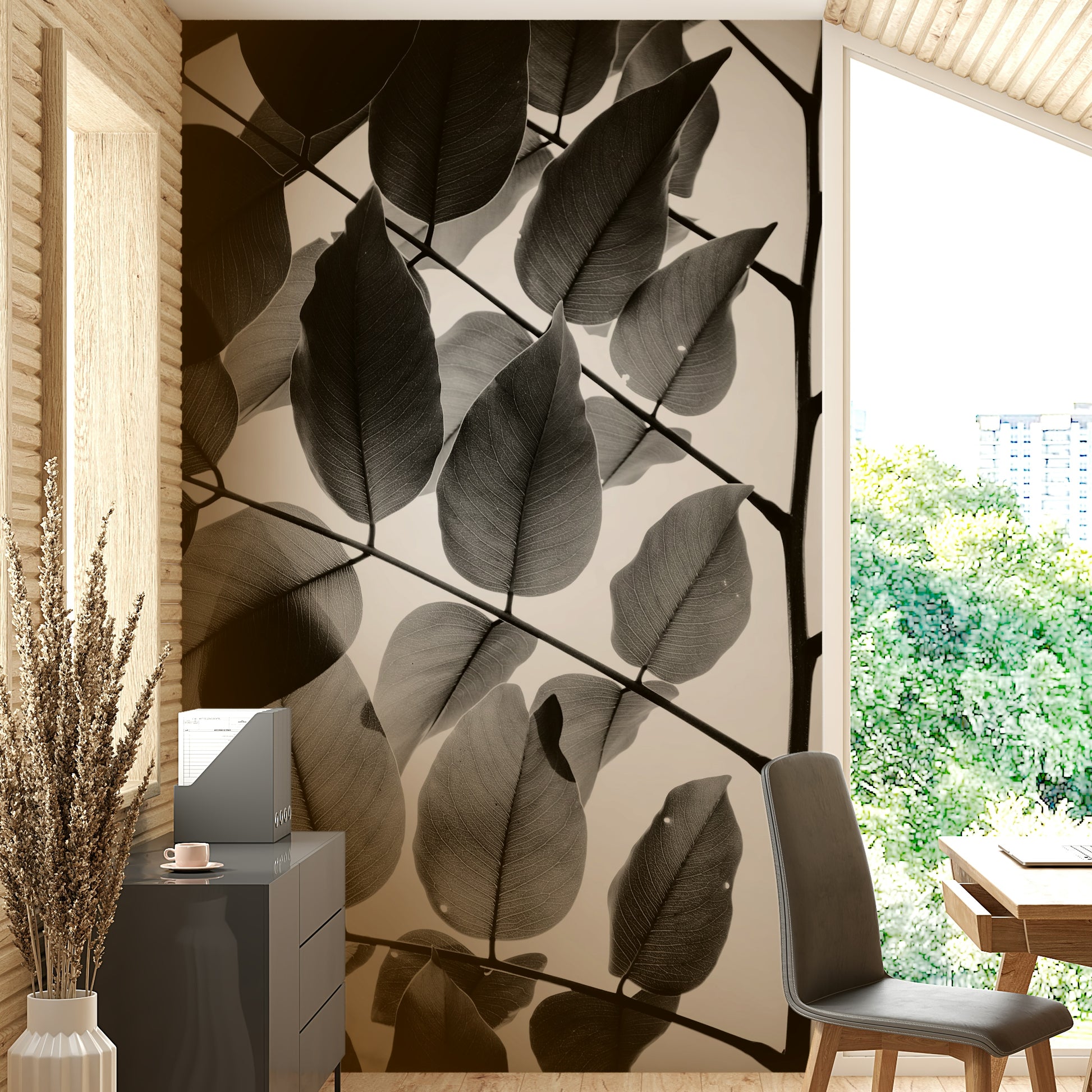 A peaceful woodland scene mural on decorative wallpaper.

