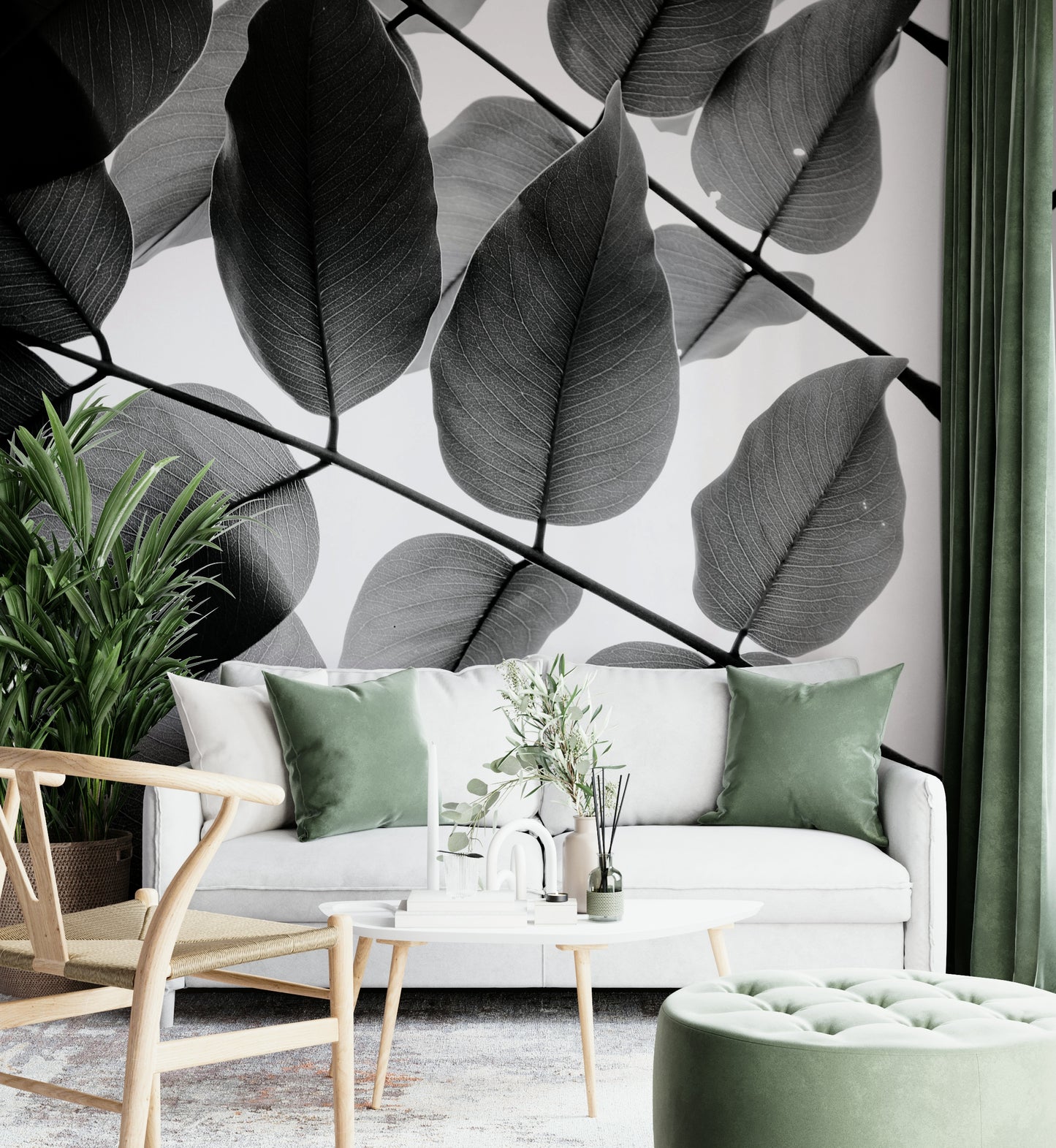 A graceful subtle leaf wall mural in cool, natural tones.

