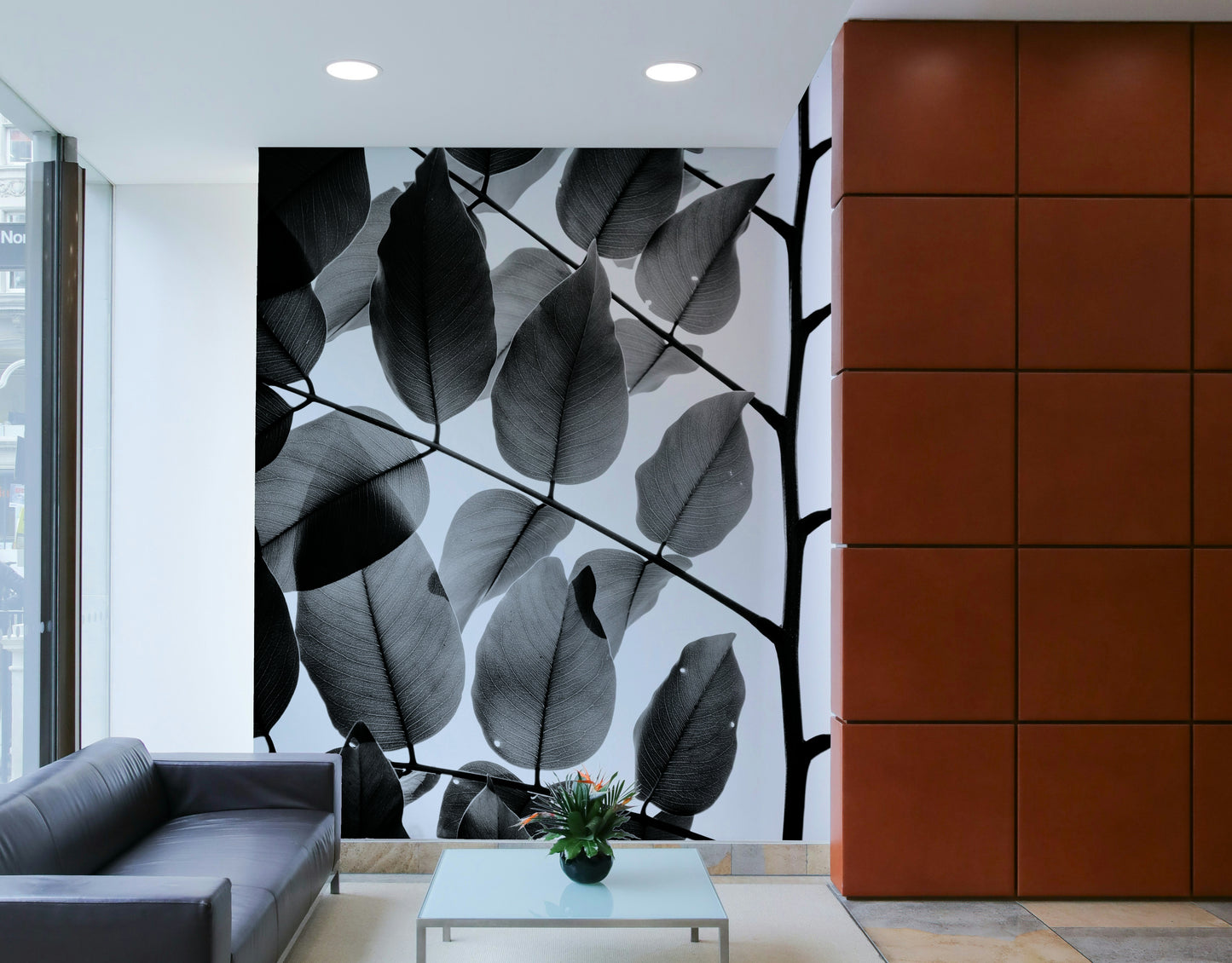 A beautiful modern art wall mural of tree leaves.

