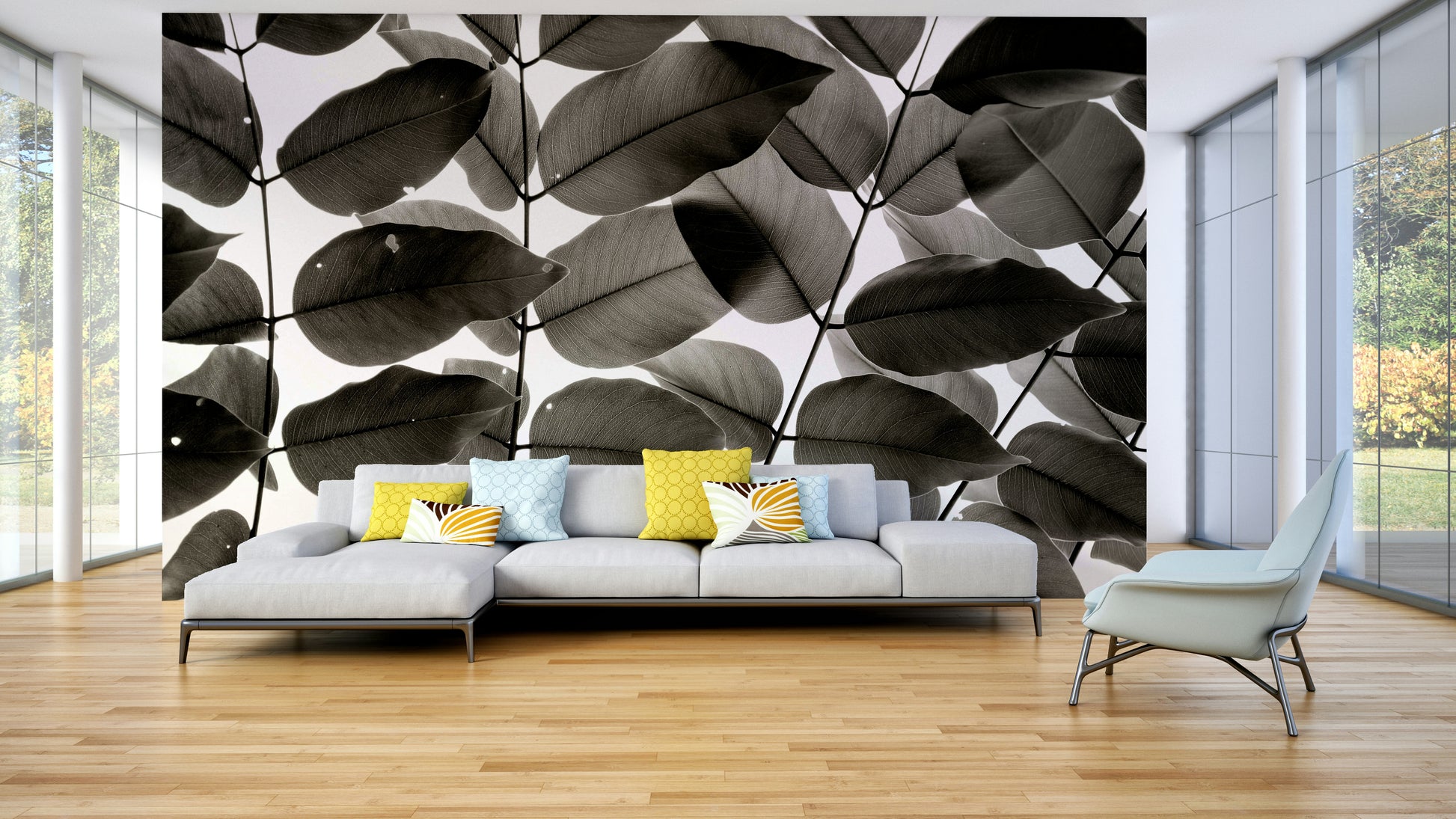 A beautiful serene foliage wallpaper mural for a modern home.


