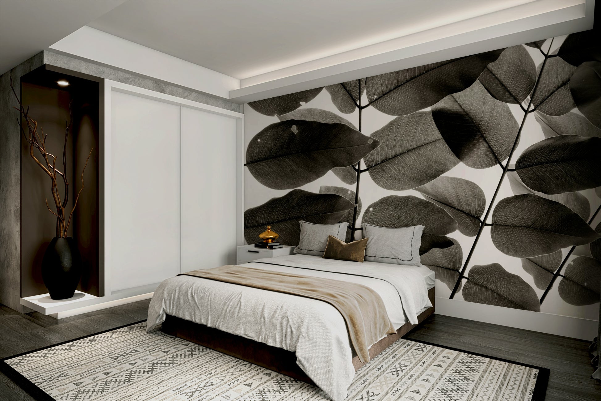 A peaceful botanical mural on decorative wallpaper.

