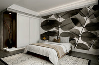 A peaceful botanical mural on decorative wallpaper.

