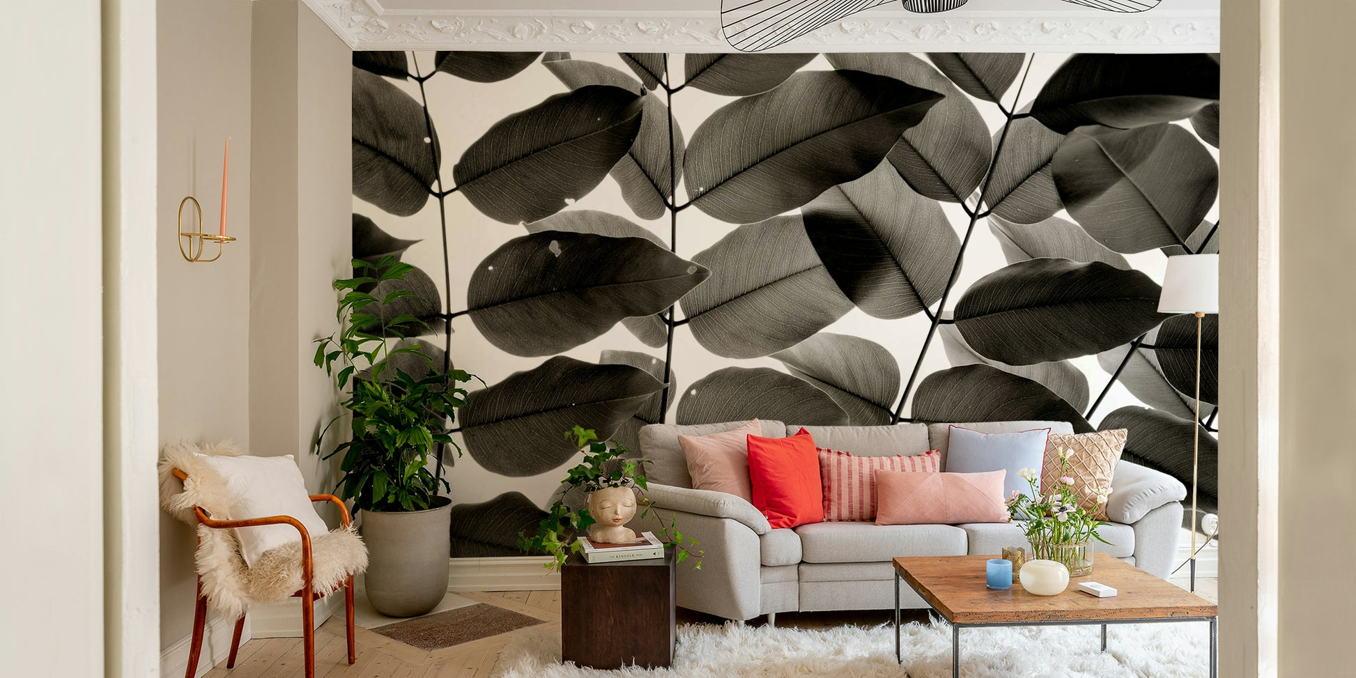 A beautiful modern art wall mural of delicate leaves.

