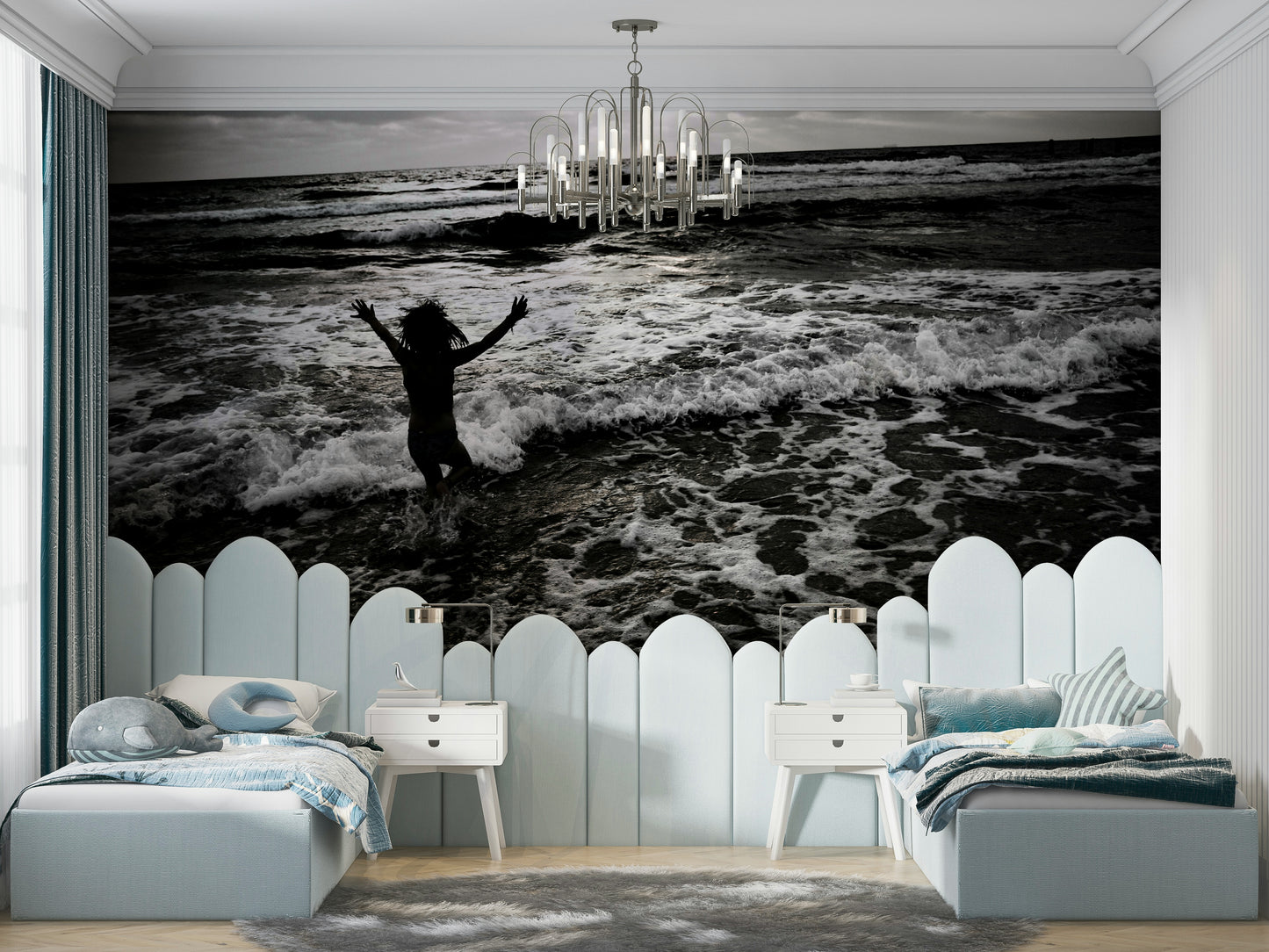 An artistic joyful abstract mural on minimalist wallpaper.

