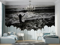 An artistic joyful abstract mural on minimalist wallpaper.

