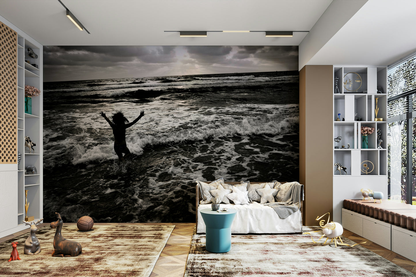A peaceful open vista mural on decorative wallpaper.

