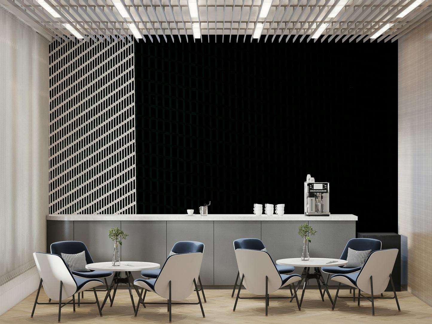 A graceful subtle geometric wall mural in cool, clean tones.

