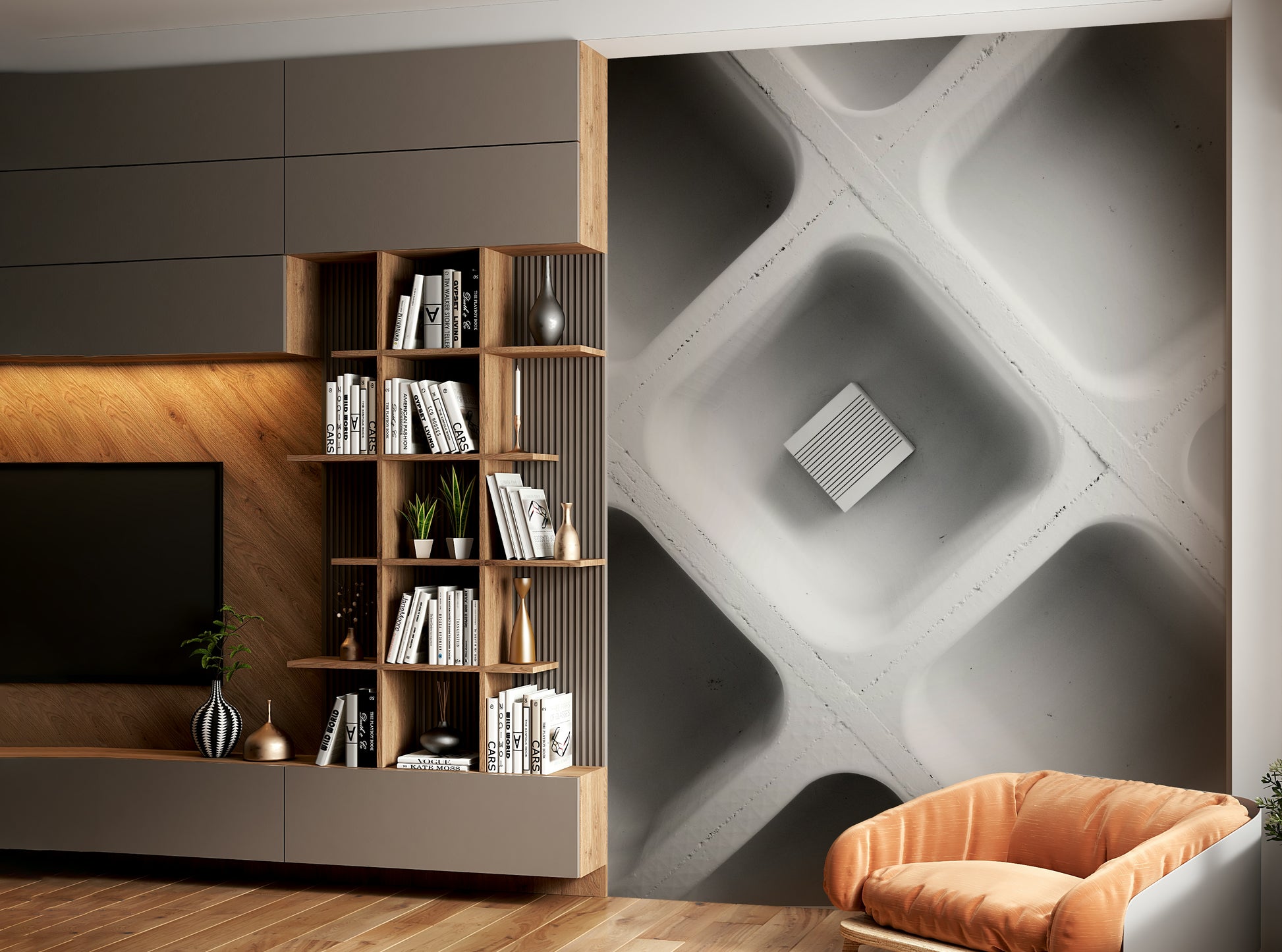 A peaceful abstract design mural on decorative wallpaper.

