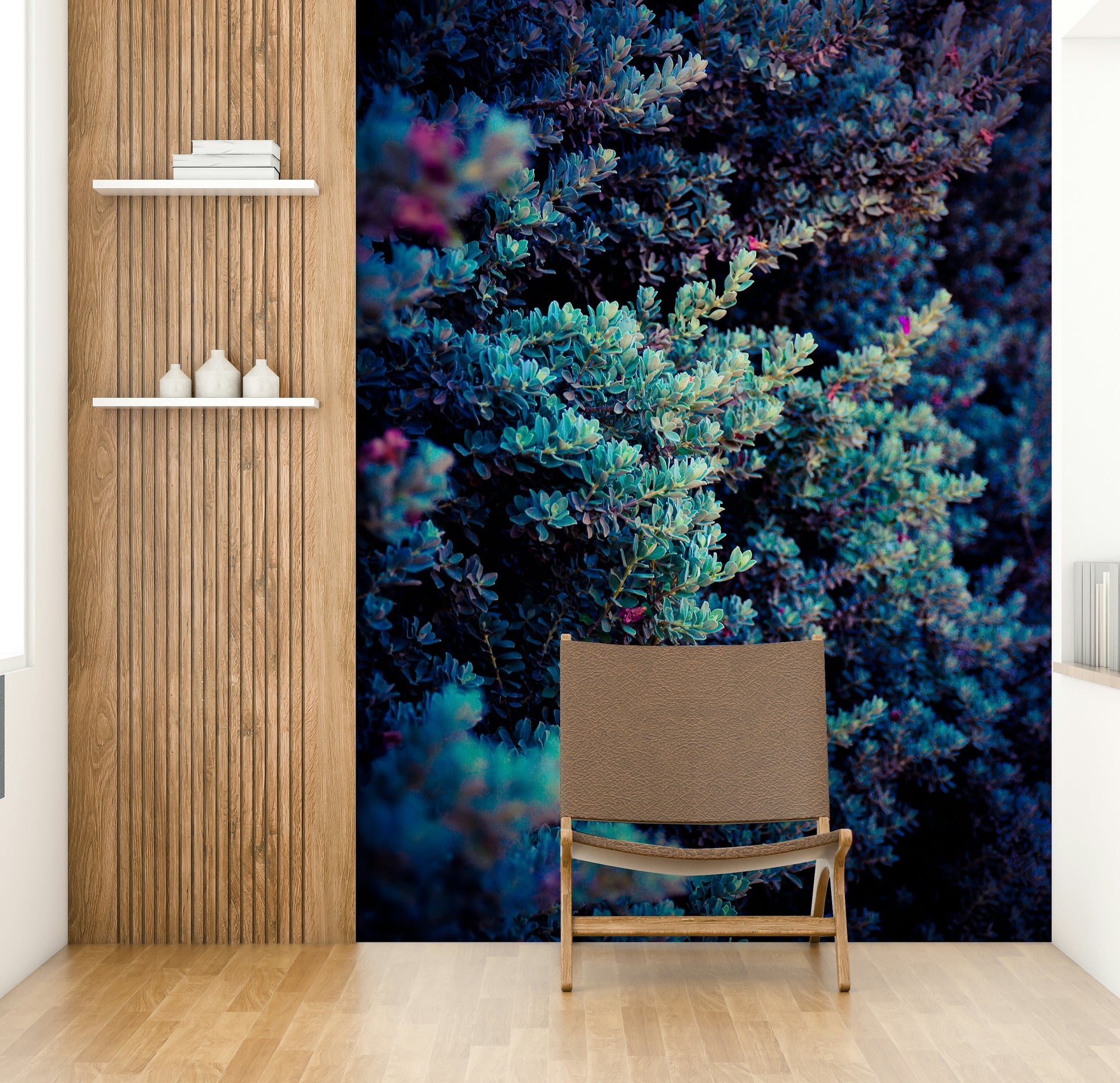 An artistic natural landscape mural on minimalist wallpaper.

