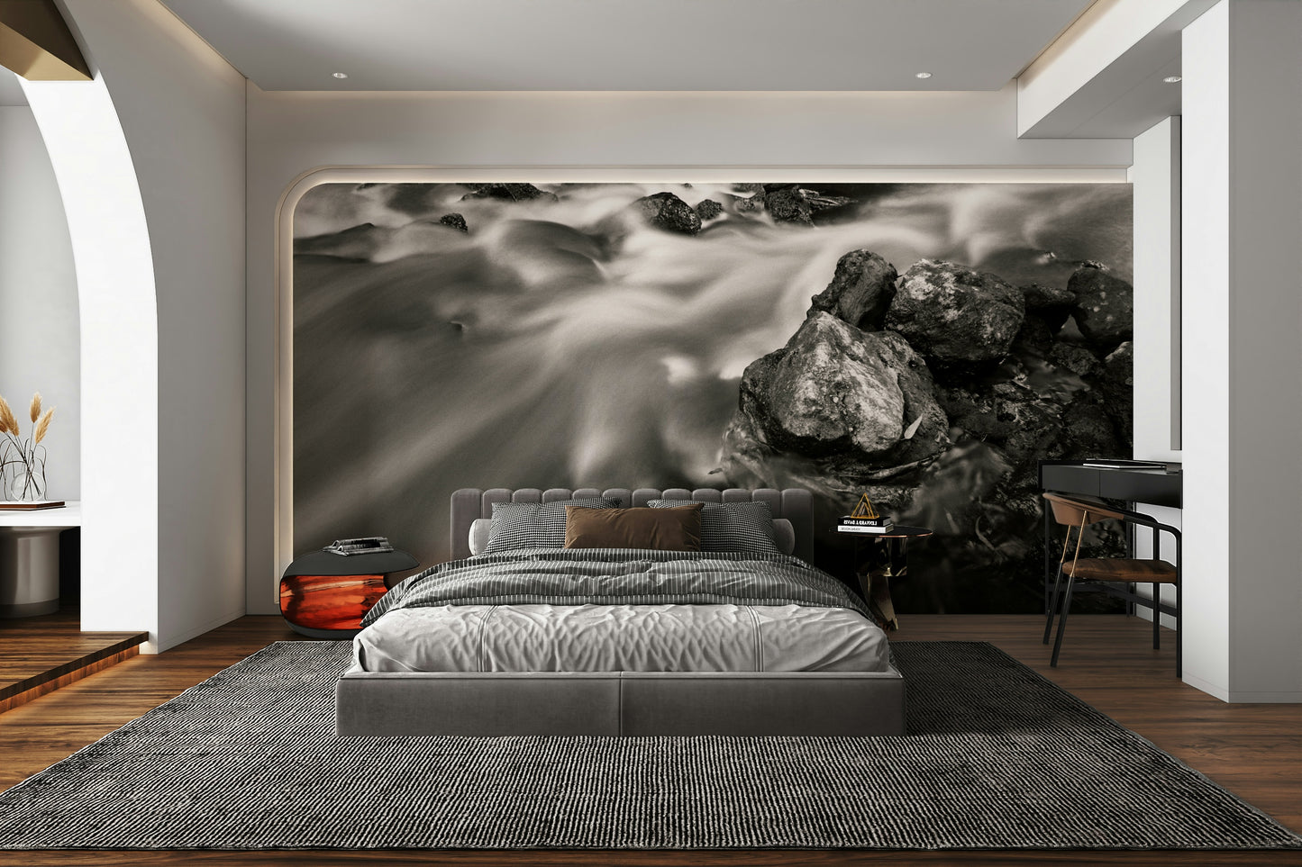 An artistic nature scene mural on minimalist wallpaper.

