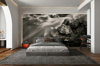 An artistic nature scene mural on minimalist wallpaper.

