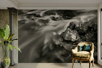 A peaceful open stream mural on decorative wallpaper.

