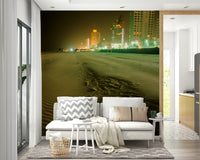 An artistic peaceful ocean mural on minimalist wallpaper.

