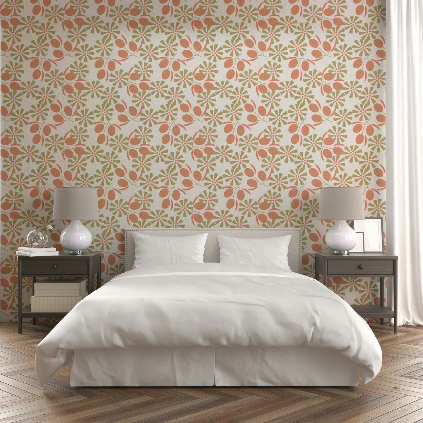 A peaceful flower design mural on decorative wallpaper.

