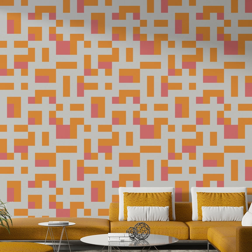 A peaceful geometric design mural on decorative wallpaper.

