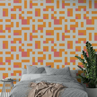 An artistic modern block mural on minimalist wallpaper.

