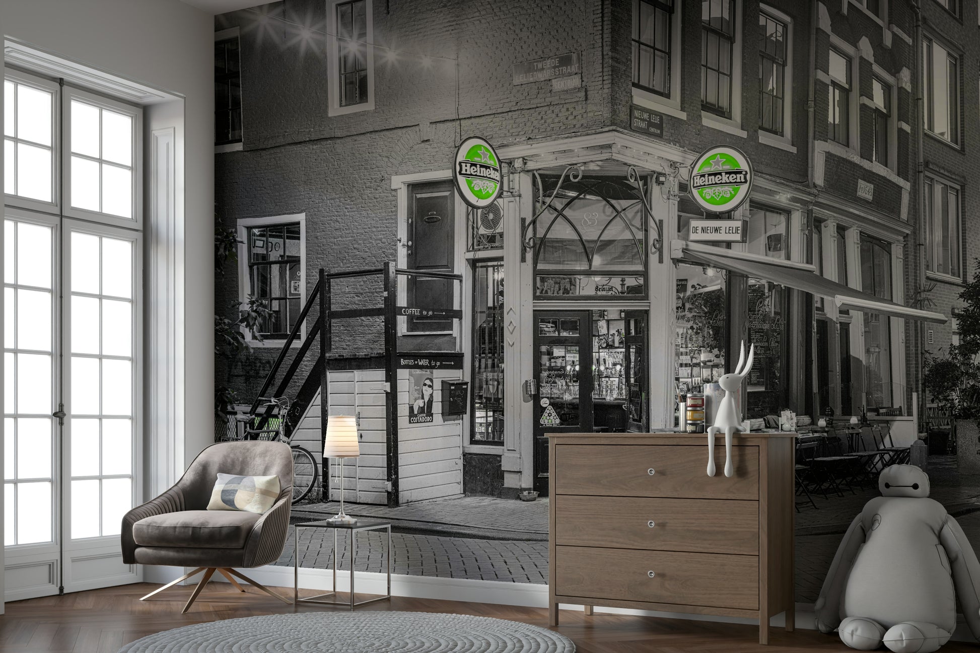 A peaceful canal side mural on decorative wallpaper.

