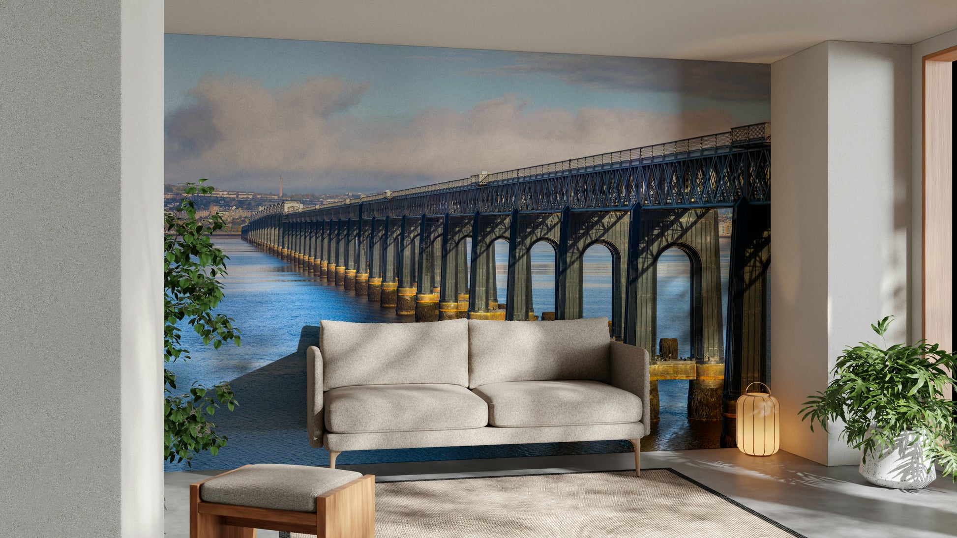 A peaceful coastal scene mural on decorative wallpaper.

