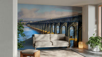 A peaceful coastal scene mural on decorative wallpaper.

