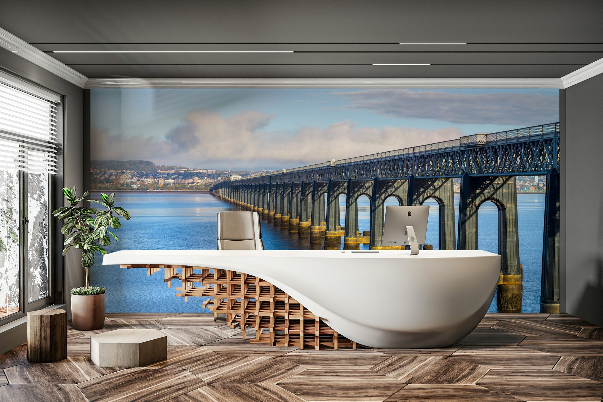 A calming structural design wallpaper mural that defines a space.

