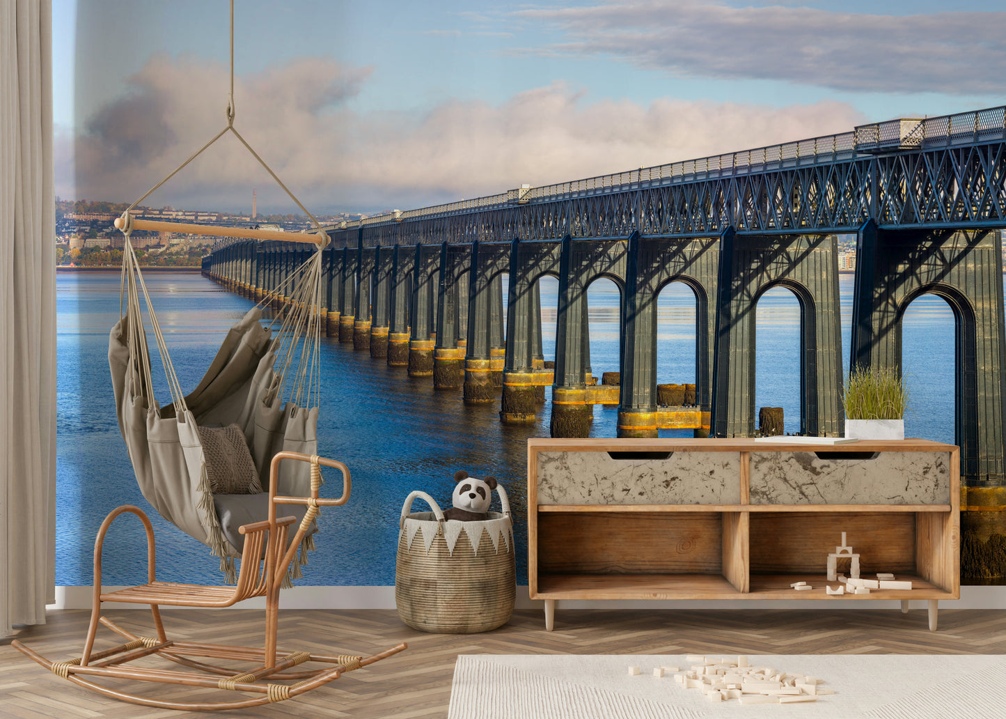 An artistic architectural mural on minimalist wallpaper.

